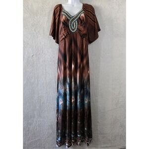 EUC Midnight Velvet Maxi Dress Womens XL Brown Beaded Paisley Festival READ